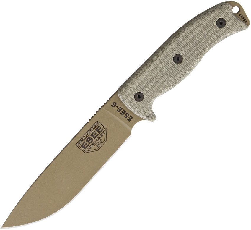 ESEE 6P-DE Fixed Blade Knife, 1095 Carbon Dark Earth, Micarta Handle, Molded Sheath