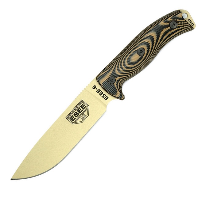 ESEE 6PDT-005 Fixed Blade Knife, 1095 Carbon Desert Tan, G10 3D Black/Coyote