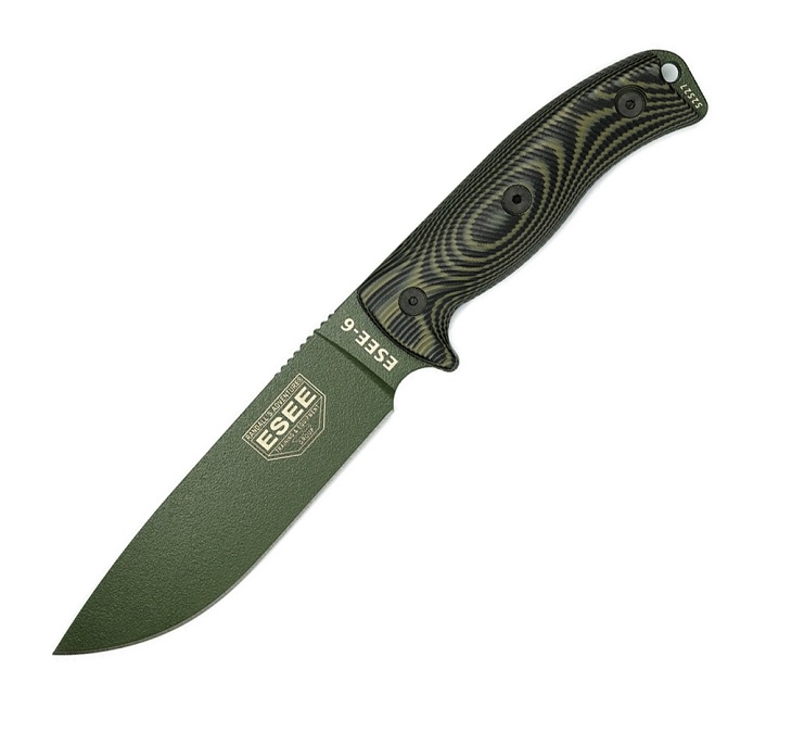 ESEE 6POD-003 Fixed Blade Knife, 1095 Carbon OD Green, G10 3D Black/OD