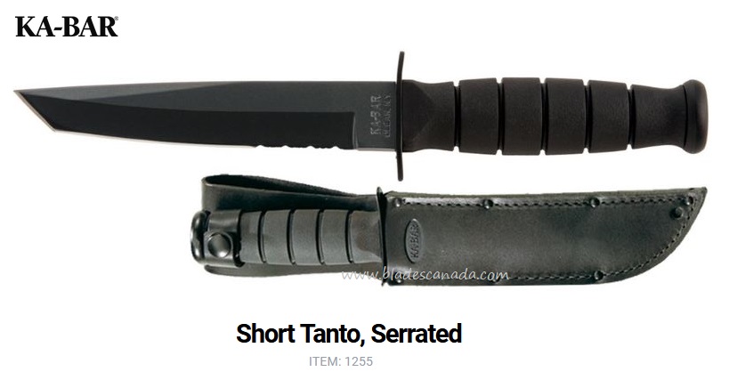 Ka-Bar Short Tanto Fixed Blade Knife, 1095 Cro-Van, Leather Sheath, 1255