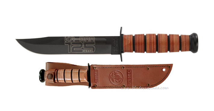 Ka-Bar USMC 125th Anniversary Fixed Blade Knife, 1095 Cro-Van, Leather Handle, 9226