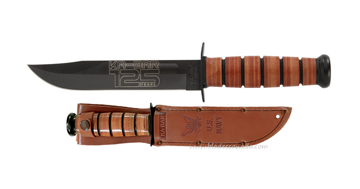 Ka-Bar USN 125th Anniversary Fixed Blade Knife, 1095 Cro-Van, Leather Handle, 9227