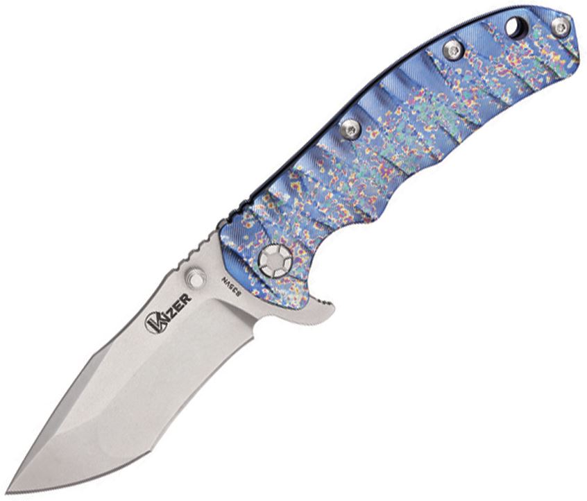 Kizer 401T Flipper FrameLock Knife, S35VN SW Tanto, Titanium Blue Spectrum Gloss