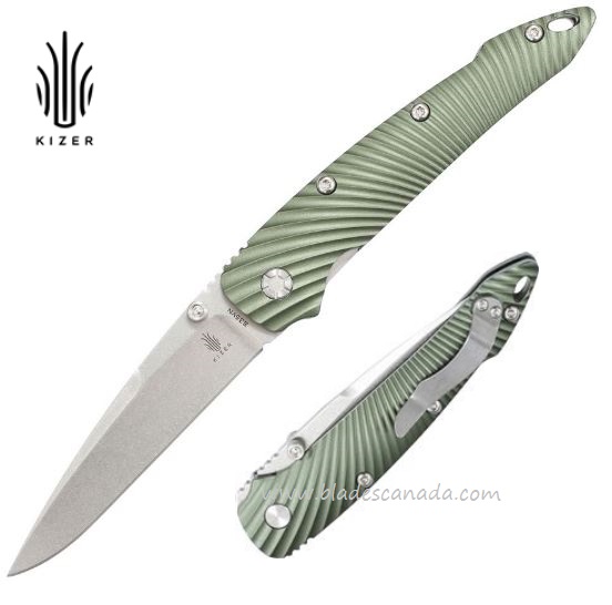 Kizer 4419A3 Folding Knife, S35VN Stonewash, Aluminum Green