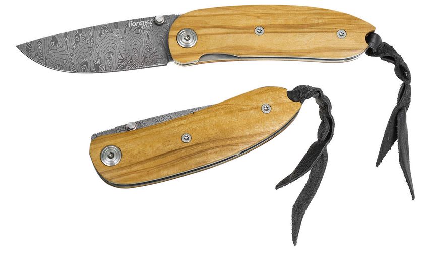 Lion Steel 8210D UL Mini Folding Knife, Damascus, Olive Wood