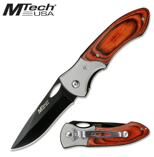 MTech 412 Folding Knife, 440 Black, Stainless/Pakkawood Handle