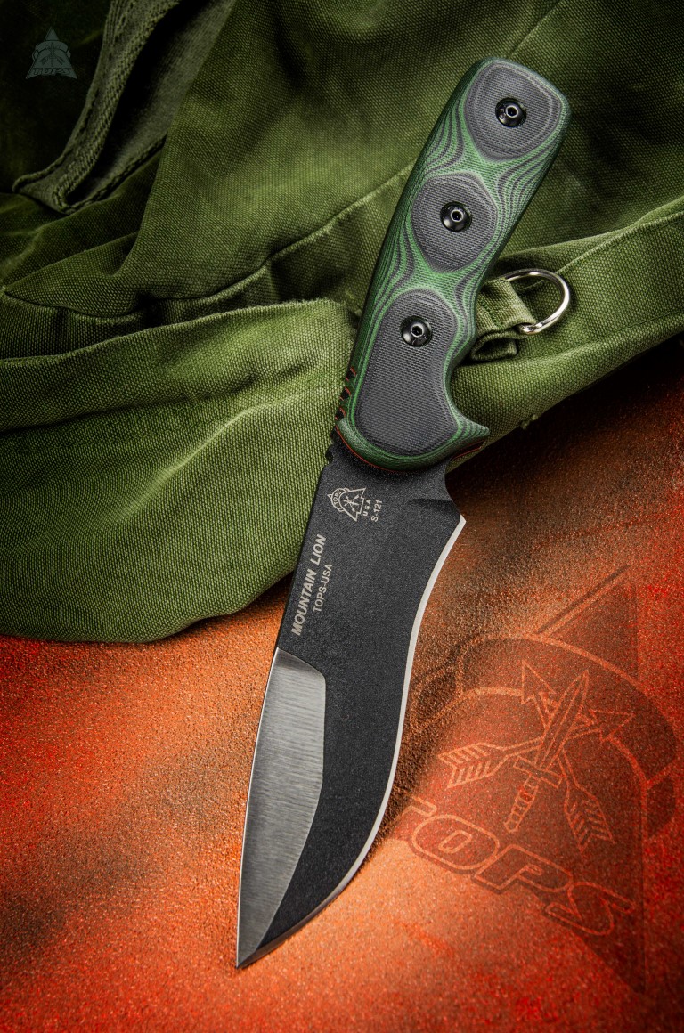 TOPS Mountain Lion Fixed Blade Knife, 1095 Carbon, G10 Black/Green, Nylon Sheath, MTLN01
