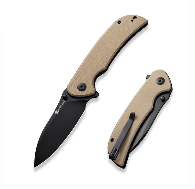SENCUT Borzam Flipper Folding Knife, Black Blade, Tan G-10, S23077-2