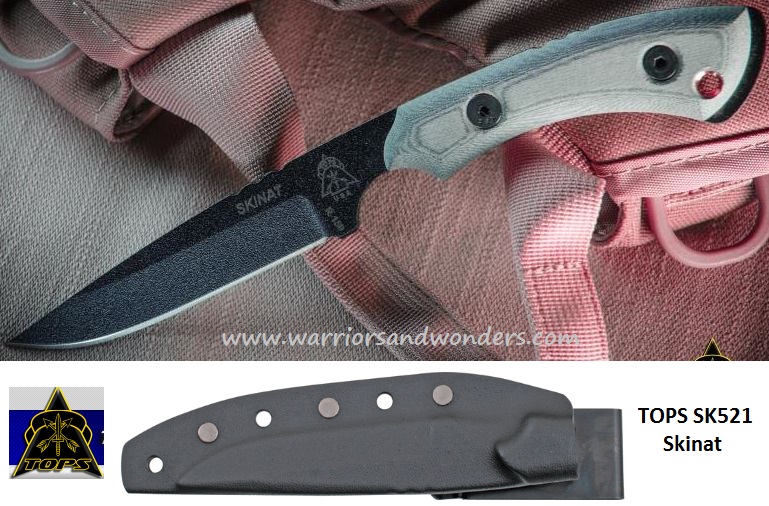 TOPS Skinat Fixed Blade Knife, 1095 Carbon, Kydex Sheath, SK521