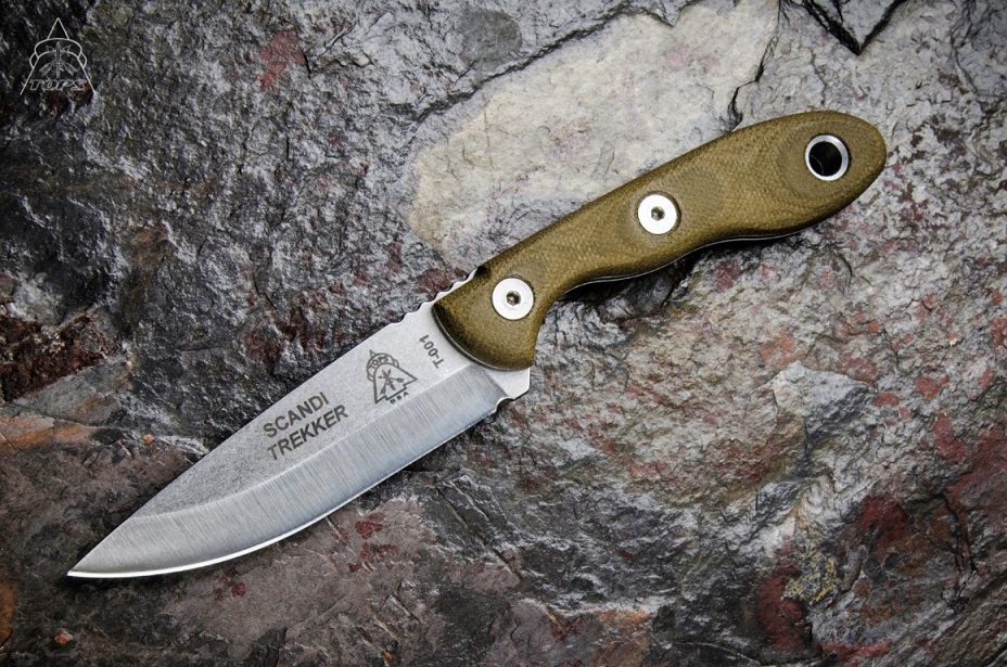 TOPS Scandi Trekker Fixed Blade Knife, 1095 Carbon, Micarta, Leather Sheath, STREK3.5