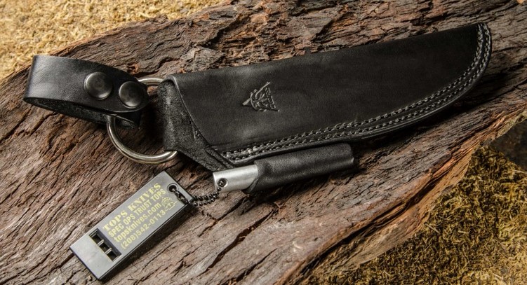 TOPS Bushcraft Black Leather Sheath, Firestarter & Whistle, SHLBUSHBK