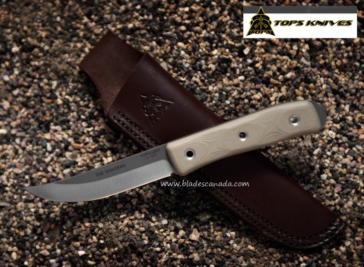 TOPS Sonoran Fixed Blade Knife, 1095 Carbon, Tan G10, TSNRN-01