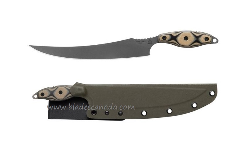 TOPS Filet Fixed Blade Knife, 154CM, Tan & Black G10, OD Green Kydex Sheath, FIL-01