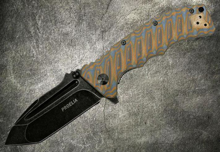 Defcon Proelia Folding Knife, D2 Tanto Black SW, G10 3D Orange/Grey, 010BRB