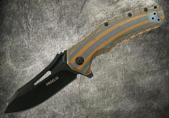 Proelia Folding Knife, D2 Black, G10 3D Orange/Gray, TX020BRBK