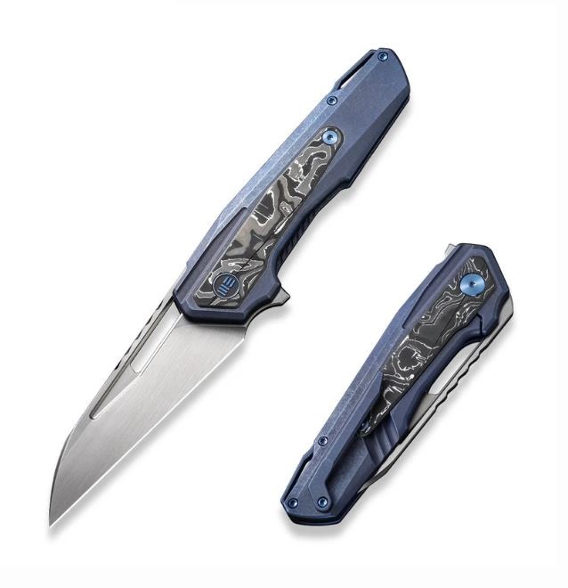 WE Knife Falcaria Flipper Framelock Knife, Satin CPM 20CV, Blue Titanium/Foil CF, WE23012B-3