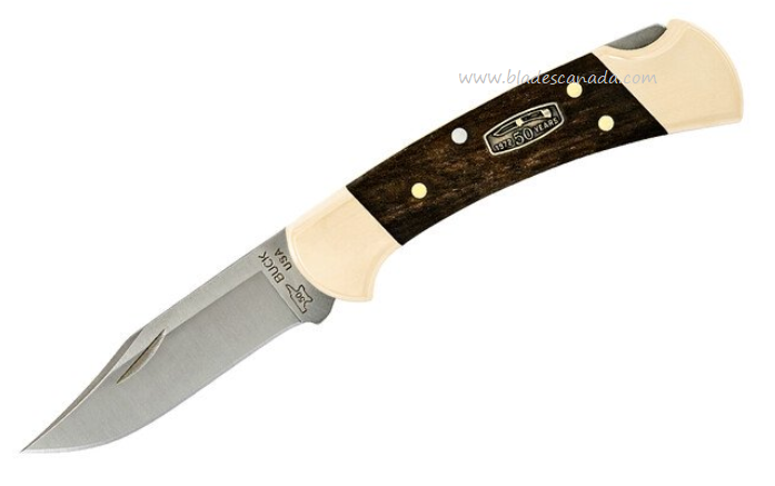Buck Ranger 50th Anniversary Folding Knife, Ebony Wood, Leather Sheath, 0112BRS3
