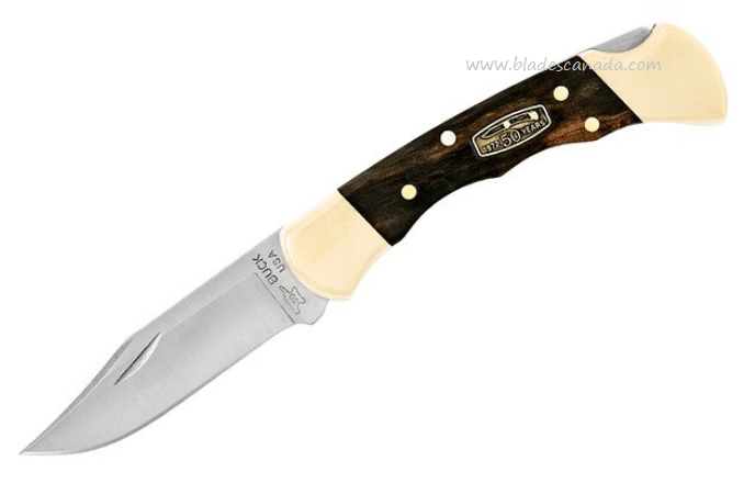 Buck Ranger 50th Anniversary Folding Knife, Ebony Wood, Leather Sheath, 0112BRS3FG