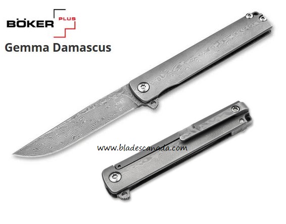 Boker Plus Gemma Flipper Folding Knife, Damascus Blade, Damascus Handle, 01BO358DAM