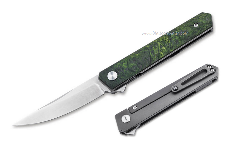 Boker Plus Kwaiken Mini Flipper Framelock Knife, Ltd Edition, M390, Carbon Fiber/Titanium Green, 01BO497