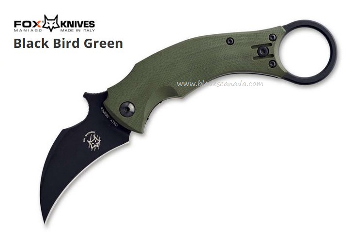 Fox Italy Black Bird Karambit Folding Knife, Wave Opening, N690, G10 Green, FX-591OD