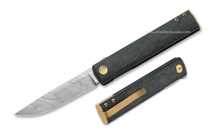 Fox Chnops Flipper Folding Knife, Damascus, Carbon Fiber w/ Bronze Ti Spacer, 01FX947