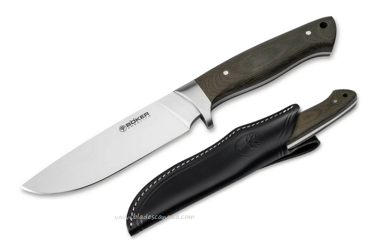 Boker Arbolito Hunter Fixed Blade Knife, ACX 390, Micarta Green, Leather Sheath, 02BA351M