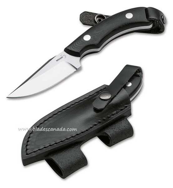 Boker Plus J-Bite Fixed Blade Knife, 440C, G10 Black, Leather Sheath, 02BO046