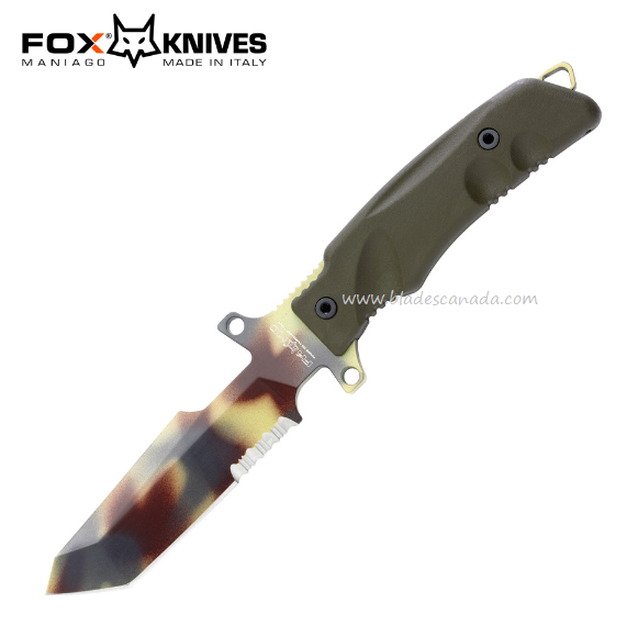 Fox Italy Predator I Fixed Blade Knife, N690 Desert Camo, OD Green, Fx-P1DC