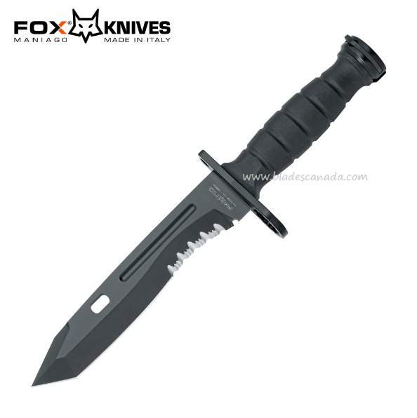 Fox Italy Oplita Combat Fixed Blade Knife, N690 Black, Bayonet Mount, Cordura Sheath, FX-3002