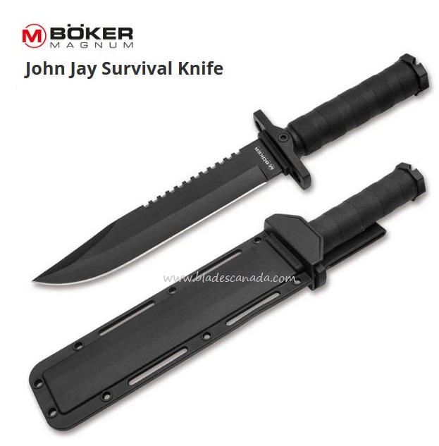 Boker Magnum John Jay Survival Fixed Blade Knife, FRN Black, Hard Sheath, B-02SC004