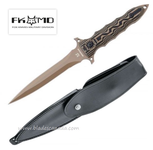 Fox Italy FKMD Modras Dagger Fixed Blade Knife, N690, G10 Tan, Leather Sheath, FX-508 - Click Image to Close