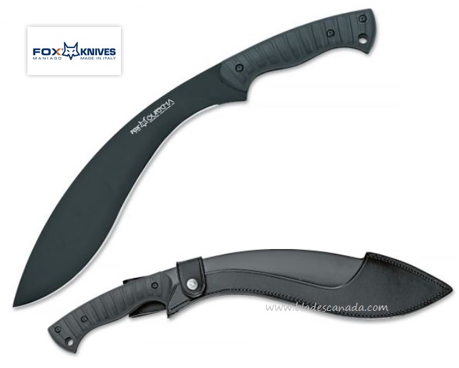 Fox Italy Gurkha Kukri Fixed Blade Knife, Stainless, FRN Black, Leather Sheath, FX-660