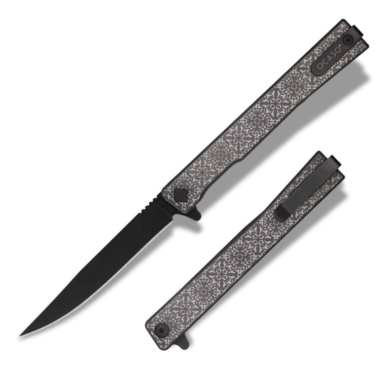 Ocaso The Solstice Flipper Framelock Knife, S35VN Black, Fleur De Lis Engraved Titanium, 10EFB