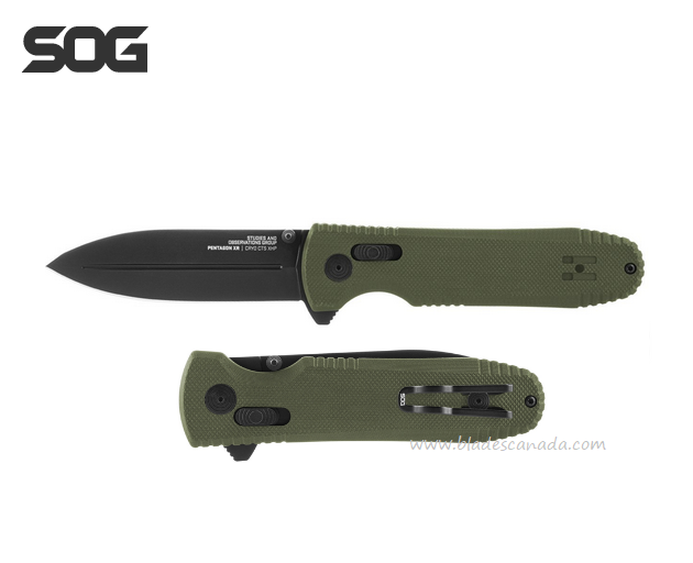 SOG Pentagon XR Flipper Folding Knife, CTS XHP, G10 OD Green, 12-61-02-57