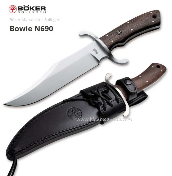 Boker Germany Bowie Fixed Blade Knife, N690, Oak Wood, Leather Sheath, 121547