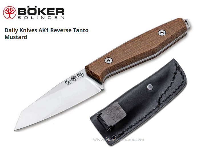 Boker Germany Daily AK1 Fixed Blade Knife, RWL-34 Reverse Tanto, Micarta Mustard, 123502