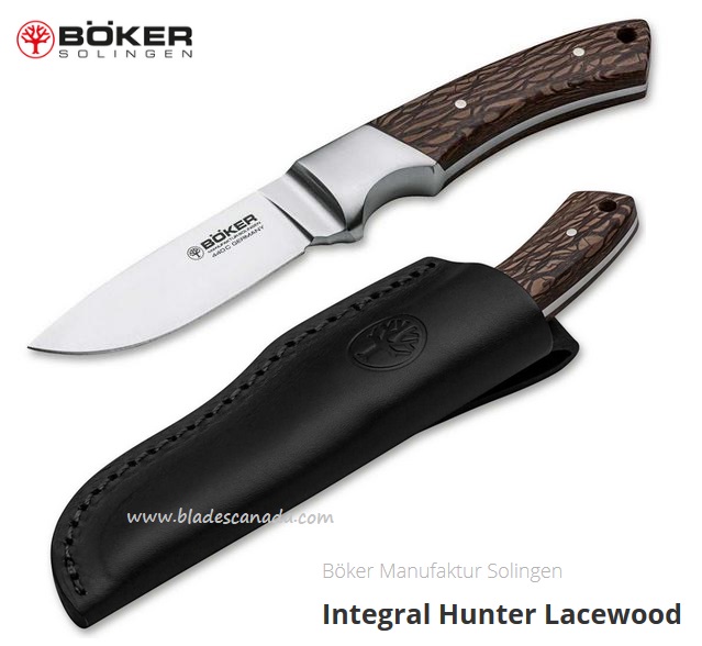 Boker Germany Integral Hunter Fixed Blade Knife, 440C, Lacewood, Leather Sheath, 123535