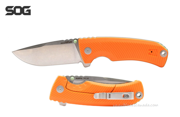 SOG Tellus FLK Folding Knife, Cyro 440 SW, GRN Orange, 14-06-03-43