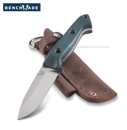 Benchmade Bushcrafter Fixed Blade Knife, S30V, G10 Green, Leather Sheath, 162