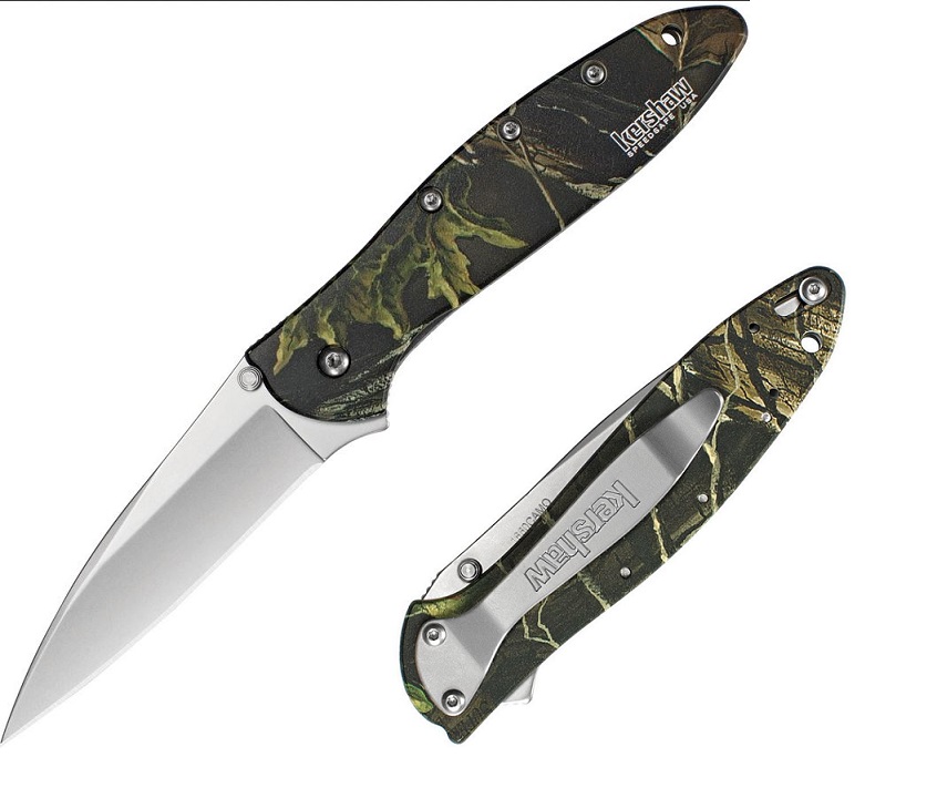 Kershaw Leek Flipper Folding Knife, Assisted Opening, 14C28N Sandvik Wharncliffe, Aluminum Camo, K1660CAMO