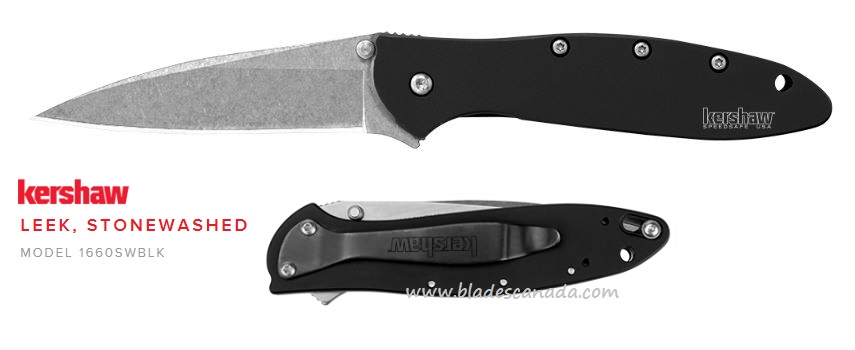 Kershaw Leek Flipper Folding Knife, Assisted Opening, 14C28N Sandvik, Aluminum Black, K1660SWBLK - Click Image to Close