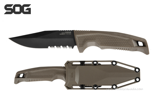 SOG Recondo FX Fixed Blade Knife, 440C Black Partially Serrated, FDE Handle, 17-22-04-57