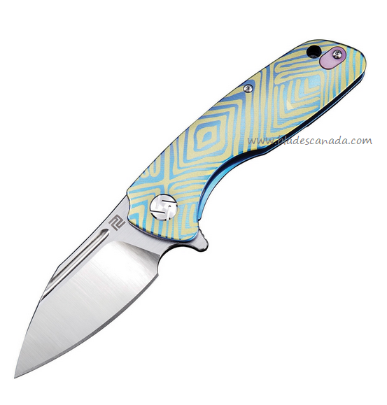 Artisan Wren Flipper Framelock Knife, S35VN Satin, Titanium Blue/Gold, ATZ1825GBU03