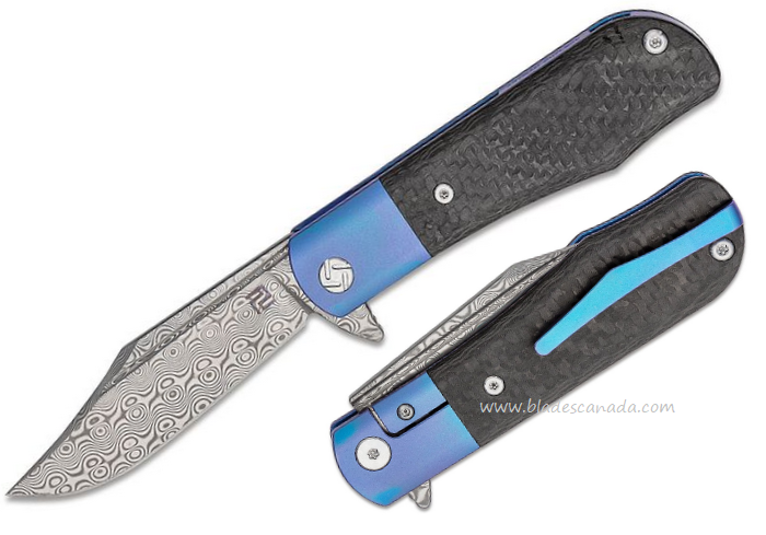 Artisan Cutlery Small Hyperion Flipper Folding Knife, Damascus, Carbon Fiber/Titanium Blue, ATZ1834GSDBU