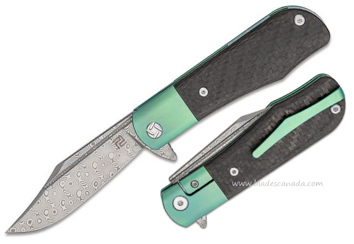 Artisan Cutlery Small Hyperion Flipper Folding Knife, Damascus, Carbon Fiber/Titanium Green, ATZ1834GSDGN