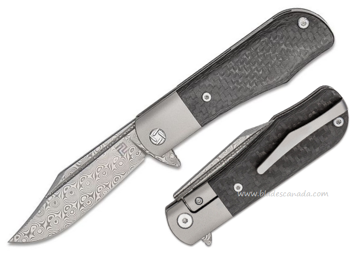 Artisan Cutlery Small Hyperion Flipper Folding Knife, Damascus, Carbon Fiber/Titanium, ATZ1834GSDGY