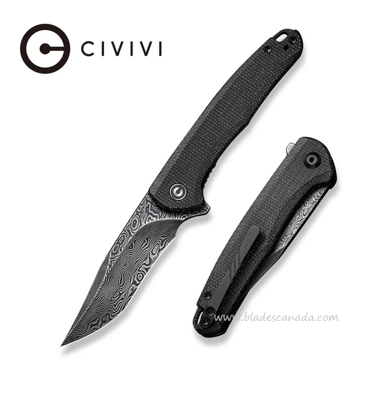 Civivi Mini Sandbar Flipper Folding Knife, Damascus, Micarta Black, C20011-DS1