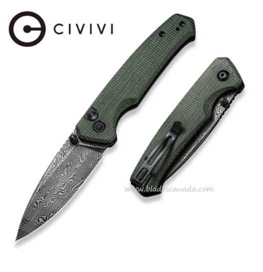 Civivi Altus Folding Knife, Damascus Blade, Micarta Green, C20076-DS1
