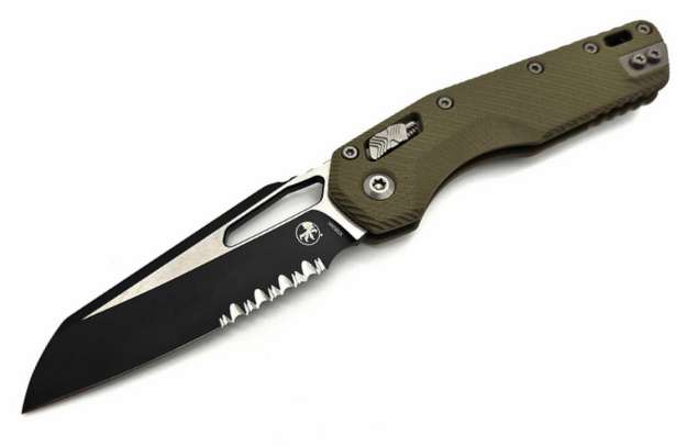 Microtech MSI Ram-Lok Folding Knife, M390MK Partially Serrated Black/SW, G10 OD Green Fluted, 210-2FLGTOD